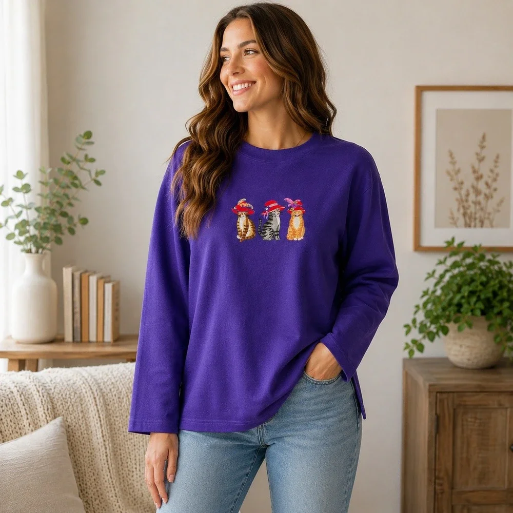 Vintage 90s Embroidered Cat Sweatshirt Purple Cottagecore Kitten Pullover XLP